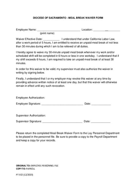 Fillable Online DIOCESE OF SACRAMENTO MEAL BREAK WAIVER FORM Fax