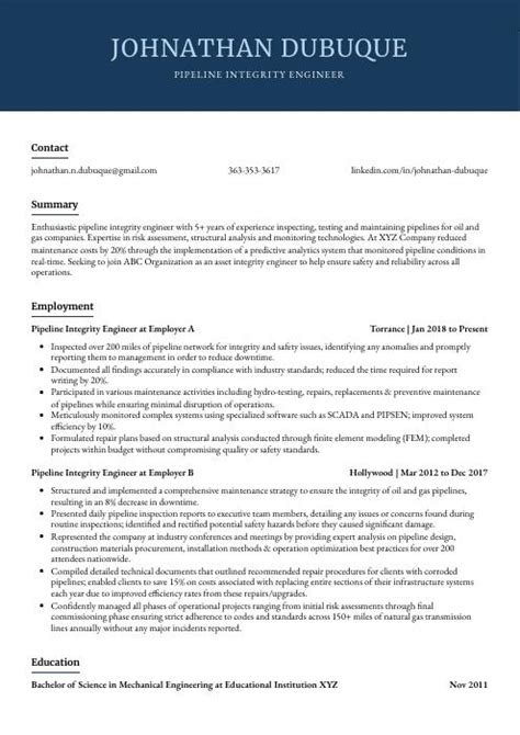 Pipeline Integrity Engineer Resume Cv Example And Writing Guide