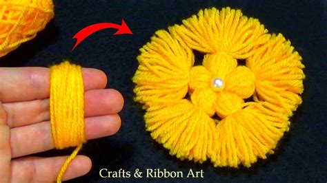 Easy Woolen Flower Making Ideas With Fingers Amazing Hand Embroidery Trick No Crochet Yarn