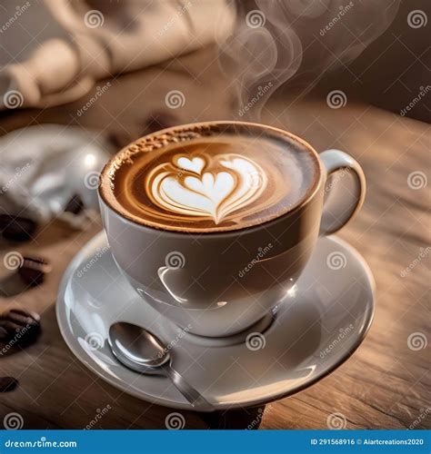 A Steaming Cup Of Rich Aromatic Coffee With A Heart Shaped Latte Art