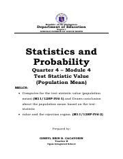 Stat And Prob Q Week Mod Test Statistic Population Mean Week