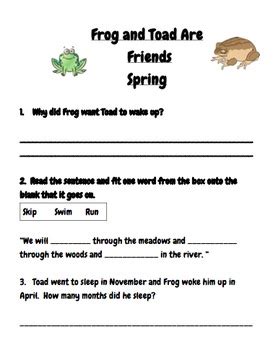 Frog And Toad Are Friends Spring Reading Comprehension And Response