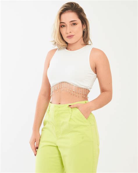 Cropped Feminino Canelado Com Franja Em Strass Love It 43336 Modamix