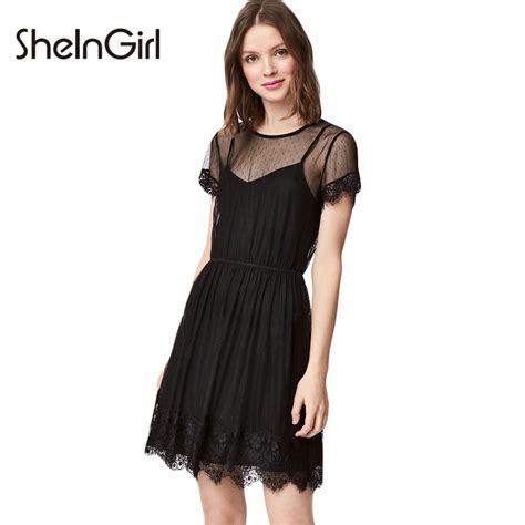 Sheingirl Solid Black Sexy Mesh Sheer Mini Dresses Women Clothing