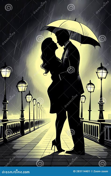 Couple Kissing Under Umbrella Silhouette Stencil