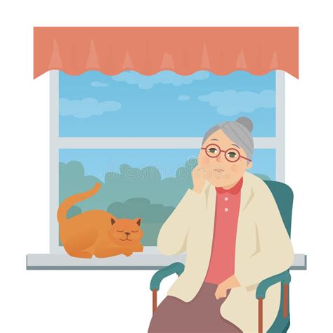 Senior Woman Sitting By The Window Flat Design Style Illustration Stock Vector Illustration