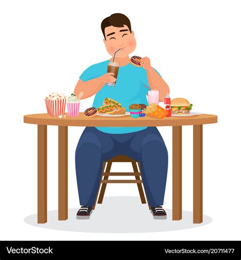 Funny Fat Obese Man Eating Hamburger Fast Food Vector Image