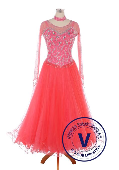 Coral Pink Standard Ballroom Tango Waltz Smooth Competition Dance Dress