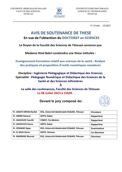 Soutenance De Doctorat En Sciences Mme Hind Bahri FS Tétouan