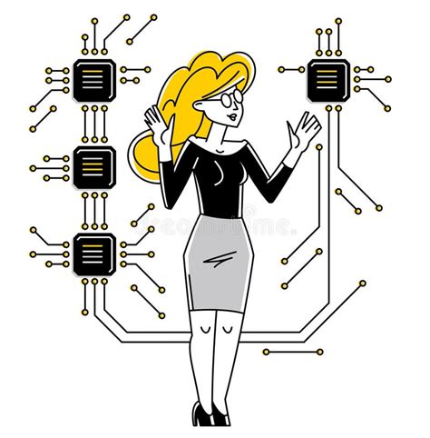 Technician Computer Engineer Woman Repairing Pc Vector Outline Illustration Fixing System Work