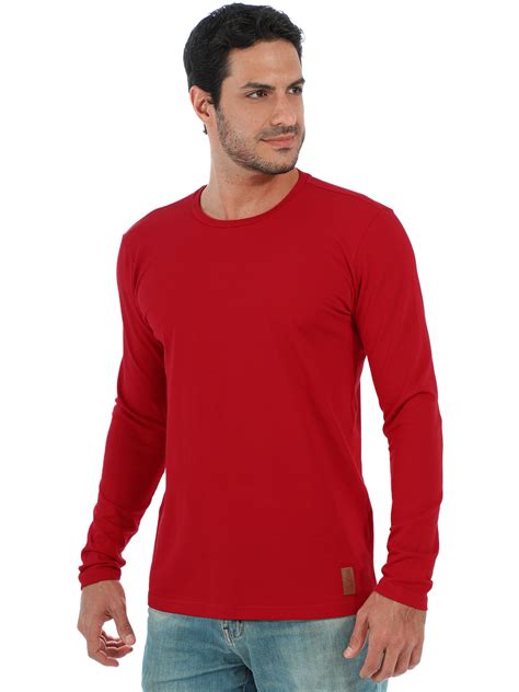 Camiseta Masculina Slim Elastano Manga Longa Vermelho