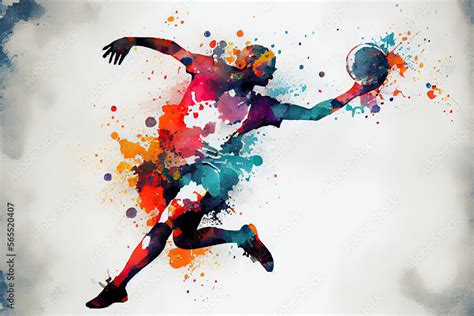 Abstract Handball Player Jumping With The Ball From Splash Of