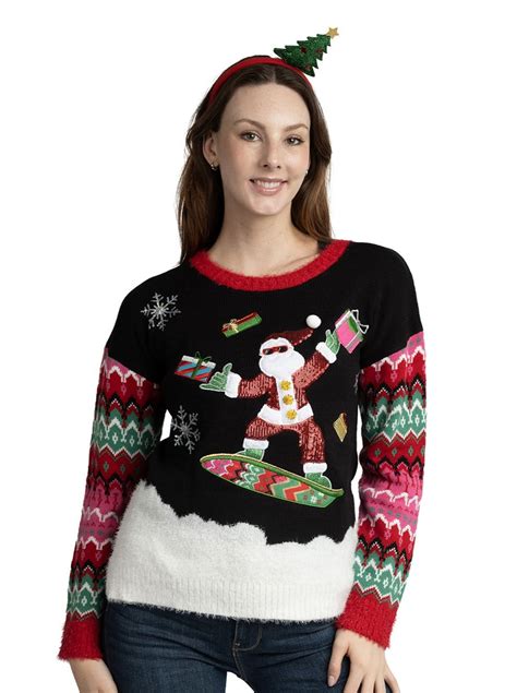 Jollidays Womens Snowboard Santa Ugly Christmas Sweater Shop Black