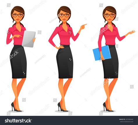 Cartoon Illustration Of A Beautiful Young Business Woman In Various