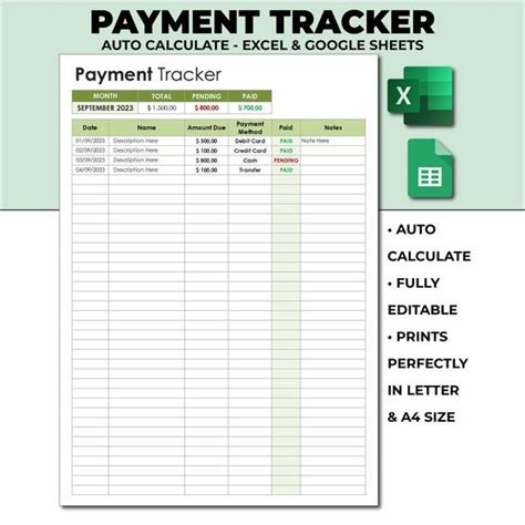 Payment Tracker Spreadsheet Template Printable Client Payment History