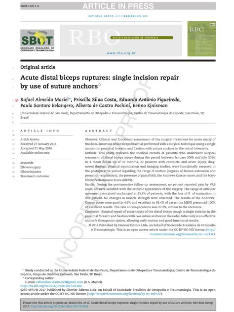 Pdf Acute Distal Biceps Ruptures Single Incision Repair By Use Of Suture Anchors