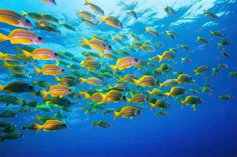 School Of Colorful Fish Swimming In Clear Blue Ocean Stock Image