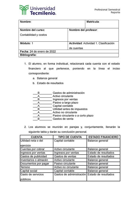 Act Contabilidad Y Costos Profesional Semestral Reporte Nombre