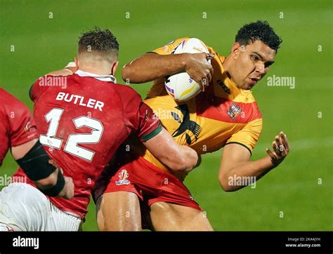 Papua New Guinea S Jacob Alick Right Tackled By Wales Chester Butler