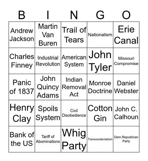 United States 1800 1840s Bingo Card