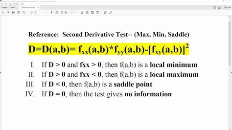 Calc 3 Reference Second Derivative Test Max Min Saddle YouTube