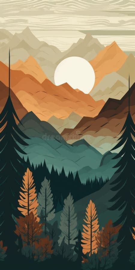 Boho Art Style Minimalist Mountain Landscape In Forest Stock