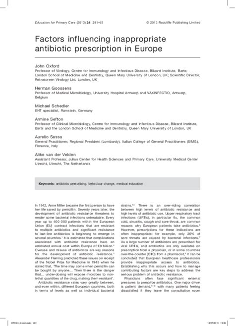 Pdf Factors Influencing Inappropriate Antibiotic Prescription In Europe Alike Van Der Velden