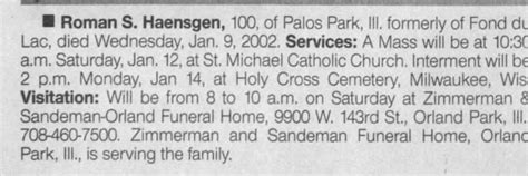 Obituary For Roman S Haensgen Aged 100