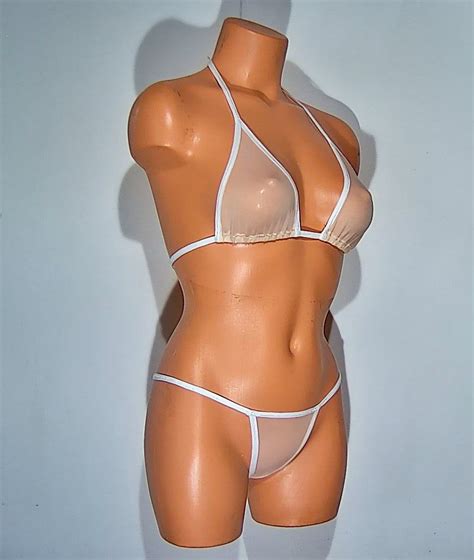Nude Spandex Sheer Micro Mesh Banded Thong Bikini Lingerie Sunwear Set Etsy