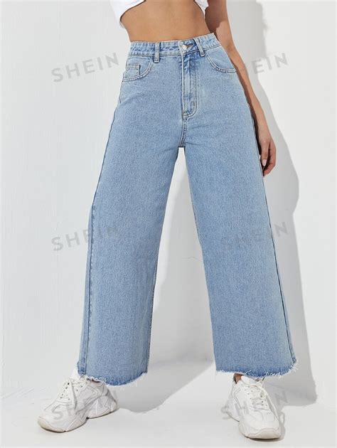 SHEIN EZwear Jeans Con Cremallera Bajo Crudo De Pierna Ancha Moda De