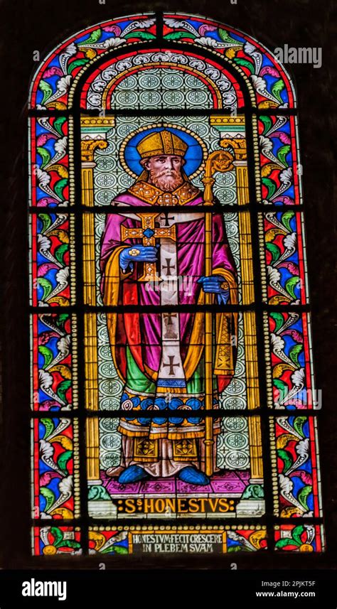 Saint Honestus stained glass, Nimes Cathedral, Gard, France. Church created 1100 AD. Born in ...