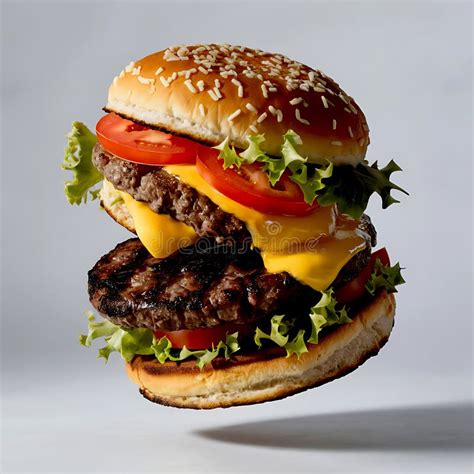 Gourmet Floating Cheeseburger Featuring Layers of Meat Presentation on ...