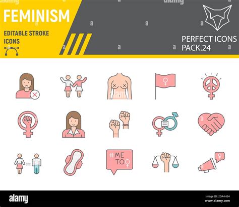 Feminism Color Line Icon Set Gender Equality Collection Vector