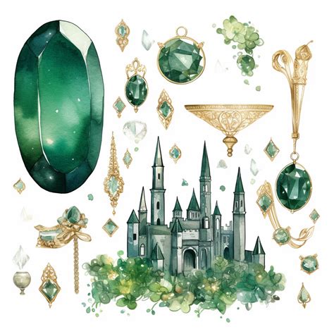 Emerald City Clipart Png Set Dreamy Glitter Watercolour Illustration