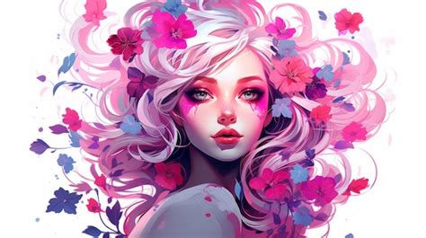 Premium AI Image A Woman With Pink Hair And Flowers In Her Hair