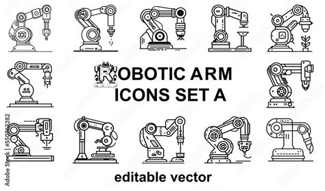 Robot Arm Icons Set Futuristic Manufacturing Style Linear Icons Of