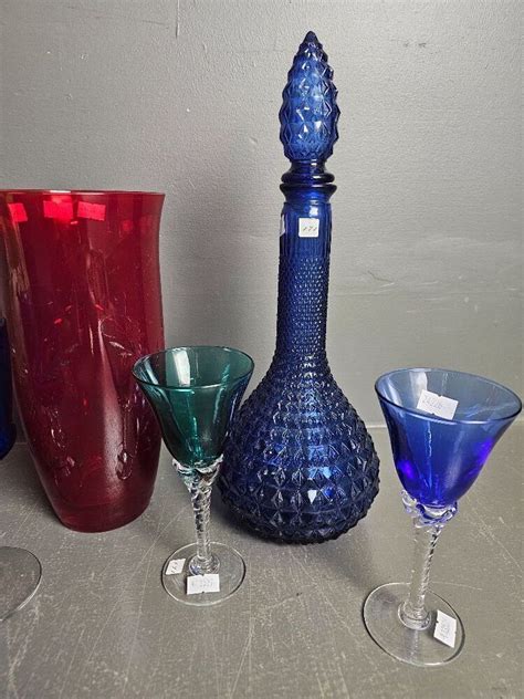 Bristal Blue Decanter With 4 Stemmed Flutes Heavy Bohmeia Crystal Ruby Vase And Green Glass Vase