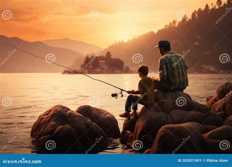 Padre E Hijo Pescando Juntos A Orillas Del Lago Como Al Atardecer Padre