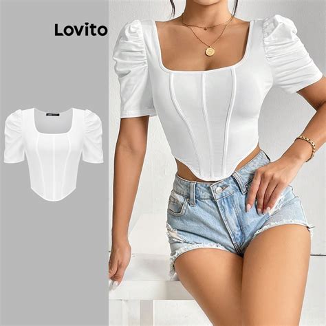 Lovito Elegante Lisa Camiseta Feminina De Linha Estruturada Redonda E