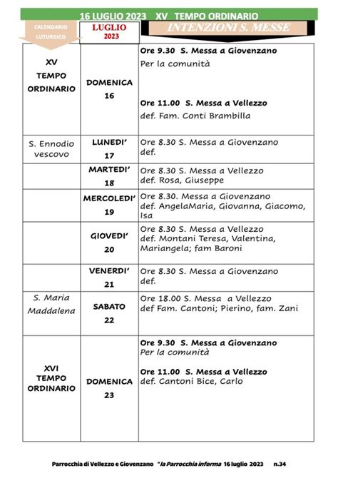 Calendario Liturgico Dal Al Luglio