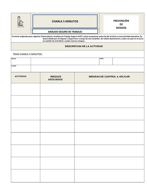 Charla 5 MIN Y AST Diaria Formato Originado Para Registrar Charla