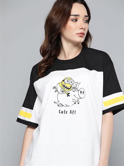 Buy Minions By Kook N Keech Women White And Black Pure Cotton Oversized Colourblocked T Shirt