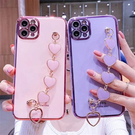 Luxury Love Heart Wrist Chain Phone Case With Chain With Plating Bumper Cover For Iphone 1312