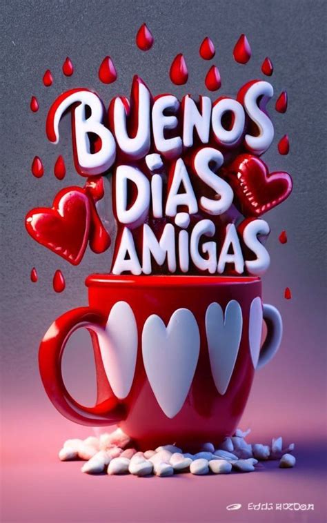 A Red Coffee Cup With Hearts And The Words Buenos Dias Amigas