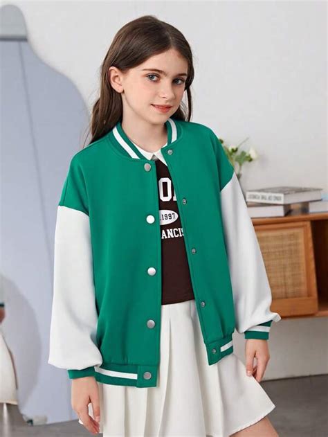 Shein Tween Girl Letter Graphic Two Tone Drop Shoulder Varsity Jacket