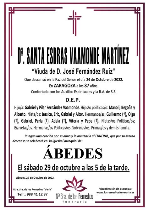 ESQUELAS VERÍN Santa Esdras Vaamonde Martínez viuda de José