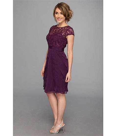 Adrianna Papell Lace Bodice Flutter Skirt Short Dress Eggplant Free