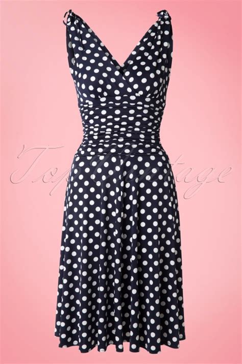 50s Grecian Polkadot Dress In Navy