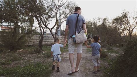 Vis O De Tr S Do Pai Dois Filhos Jovens Caminhando No Caminho Do