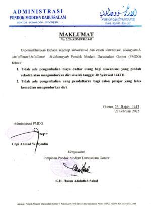 Maklumat Pimpinan Pmdg Tentang Biaya Daftar Ulang Dan Pendaftaran Calon